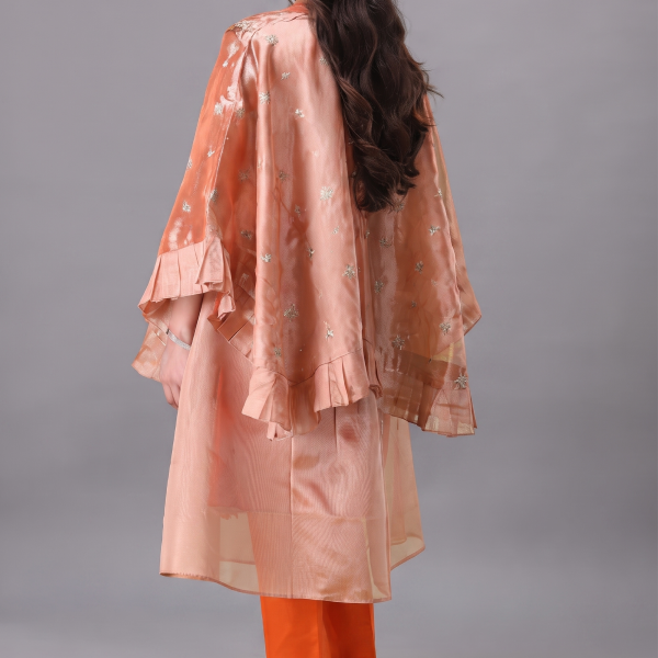 Peach Embroidered Cape-Style Three-Piece Set