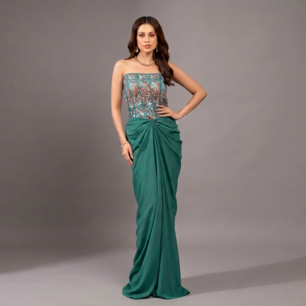 Emerald Muse Strapless Corset Draped Gown