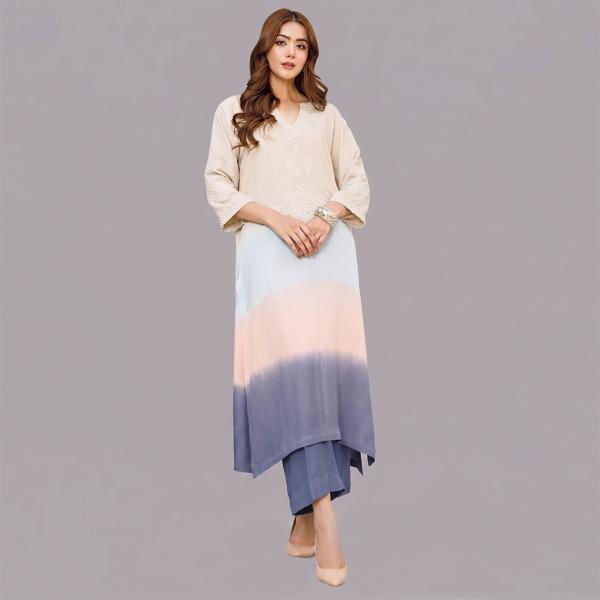 Ombré Horizon Silk Tunic with Ivory Chikankari-Style Embroidery