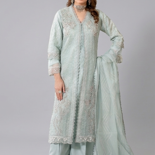 Aqua Minimalist Embroidered Co-ord Set