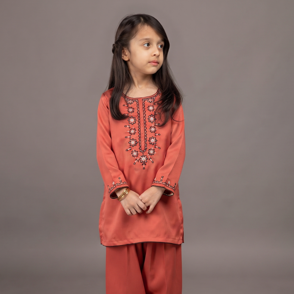Rust Orange Embroidered Kurta & Shalwar Set