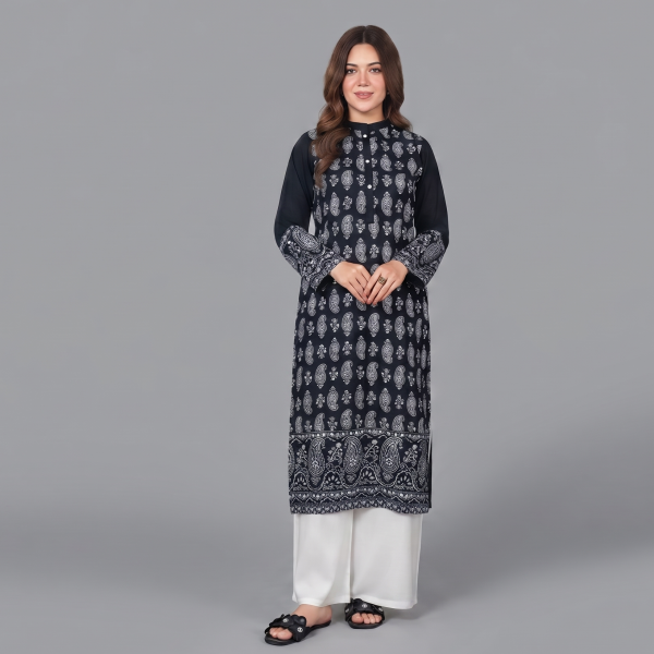 Charcoal Black Traditional Monochrome Kurti – 2-Piece Printed Set