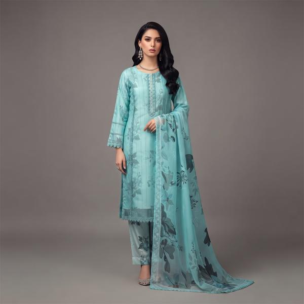 Aqua Blue Floral Embroidered 3-Piece Suit