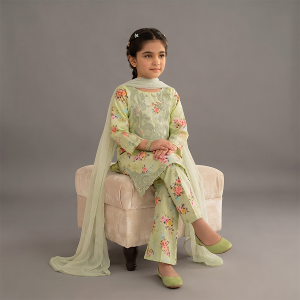 Mint Green Floral Embroidered Girls’ 3-Piece Suit
