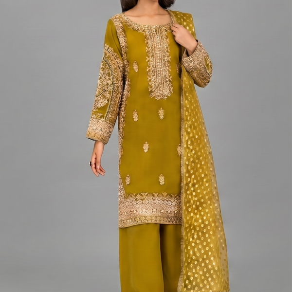 Olive Green Embellished Kurta with Matching Wide-Leg Trousers