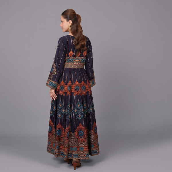 Women’s Navy Blue Flared Anarkali Maxi Kurti with Gold and Rust Border Details