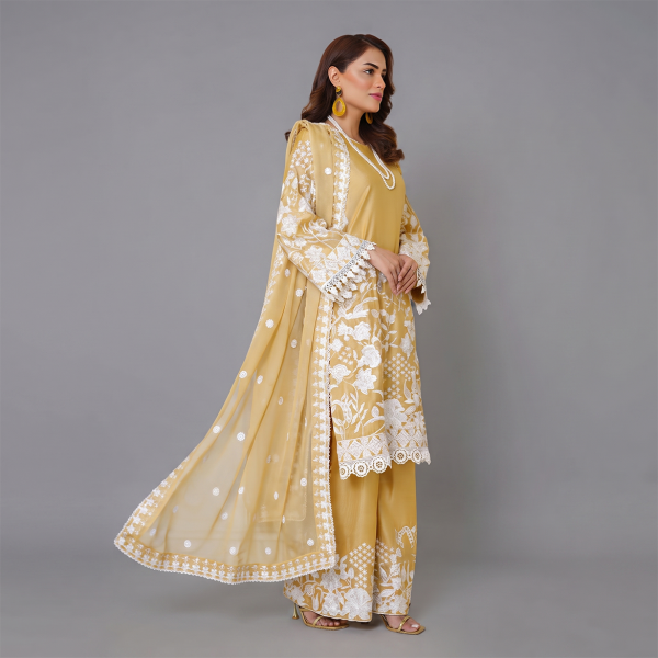 Mustard and White Embroidered Three-Piece Suit