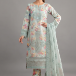 Mint Green Floral Embroidered Lawn Ensemble with Embellished Organza Dupatta