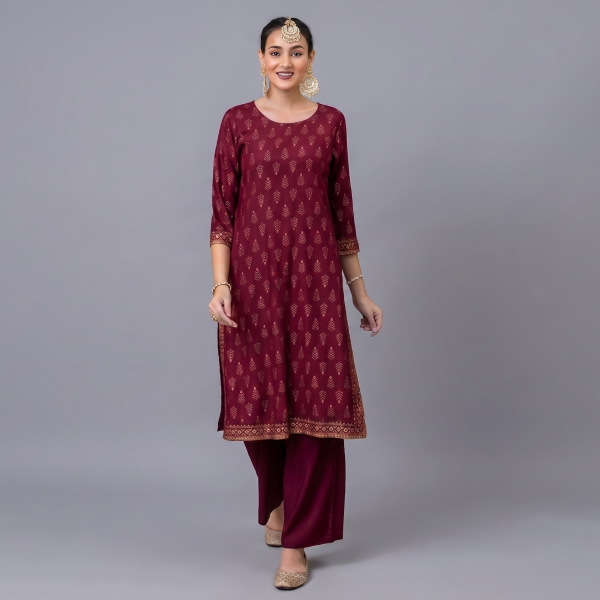 Elegant Maroon & Gold Printed Kurta Set – 2-Piece Ethnic Outfit with Wide-Leg Trousers