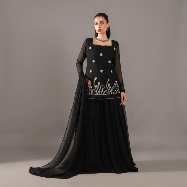 Midnight Blossom Embroidered Sharara Suit
