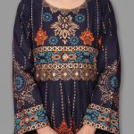 Women’s Navy Blue Flared Anarkali Maxi Kurti with Gold and Rust Border Details