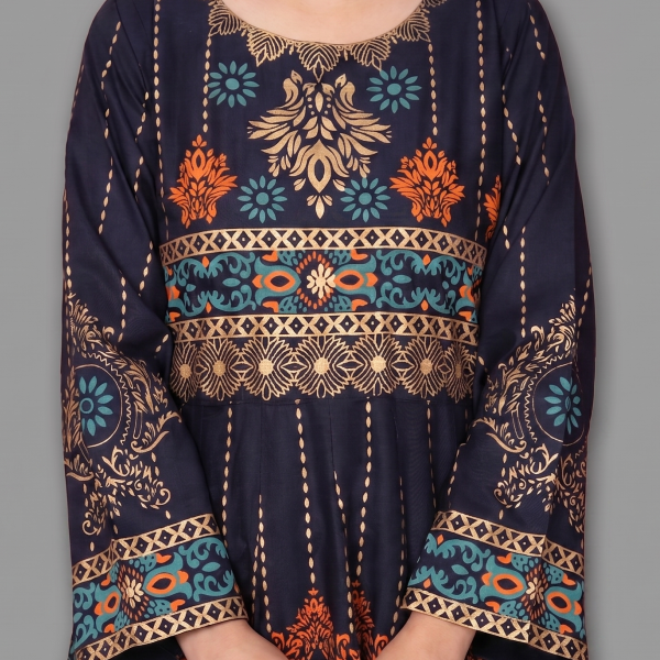 Women’s Navy Blue Flared Anarkali Maxi Kurti with Gold and Rust Border Details