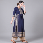 Regal Indigo Blue Gathered Anarkali Kurta with Traditional Border
