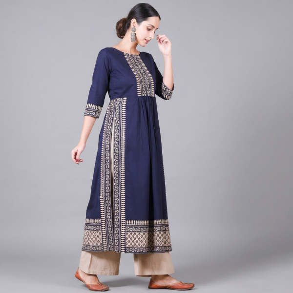 Regal Indigo Blue Gathered Anarkali Kurta with Traditional Border