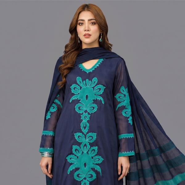 Cobalt Blue Silk Ensemble with Aquamarine Floral Appliqué