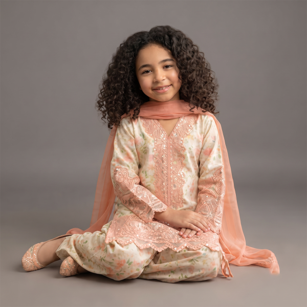 Peach Floral Embroidered Girls’ 3-Piece Suit