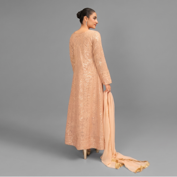 Manahil Shimmering Rose Gold 3-Piece Festive Sequin Gown Set