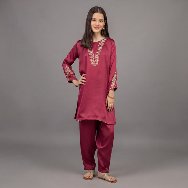 Maroon Elegance Embroidered Girls' Kurta & Shalwar