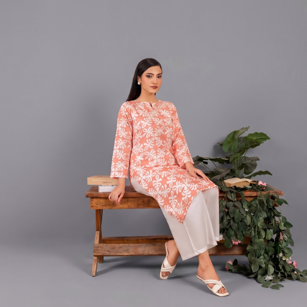 Peach Coral Printed Kurti with Wide-Leg White Trousers