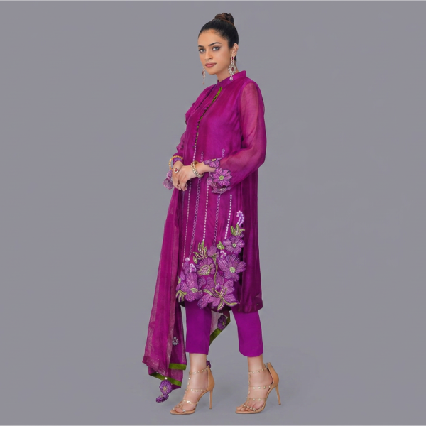 Regal Plum Floral Ensemble & Sheer Organza Accents
