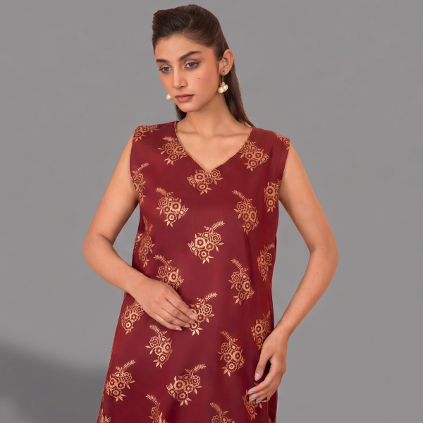 Prussian Teal Paisley Printed Kurta with Terracotta Cuff Details