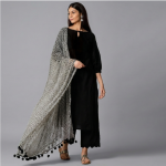 Premium Black 3-Piece Festive Suite with Monochrome Geometric Dupatta