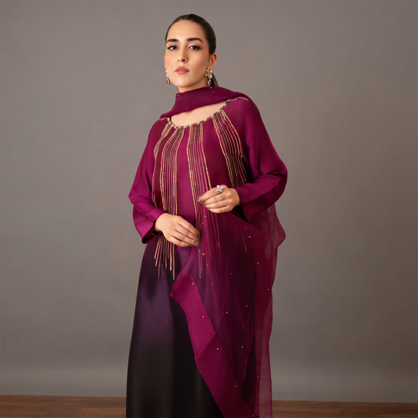Royal Plum Ombre Embellished 3-Piece Suit