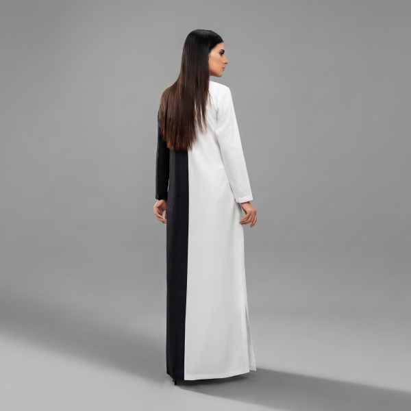 Monochrome Illusion Color-Blocked Abaya Gown with Zari Emblem