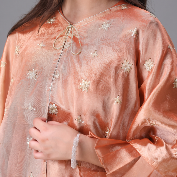 Peach Embroidered Cape-Style Three-Piece Set