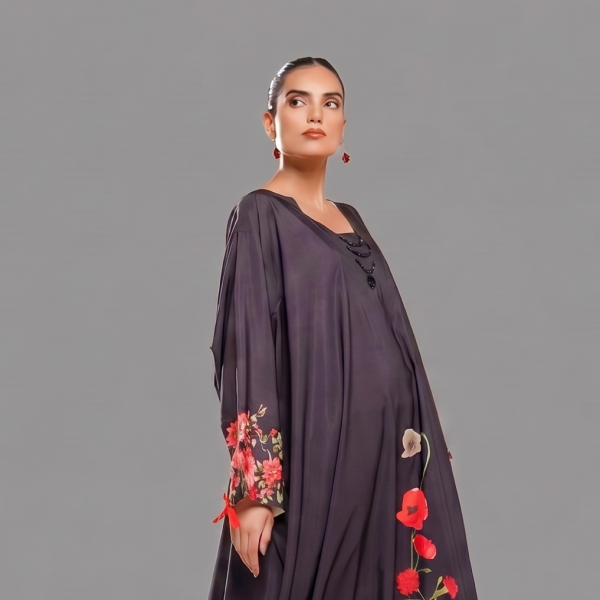 Charcoal Popp Floral Border Draped Kaftan Maxi