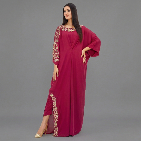 Majestic Maroon Embroidered Kaftan Suit with Gold Zari