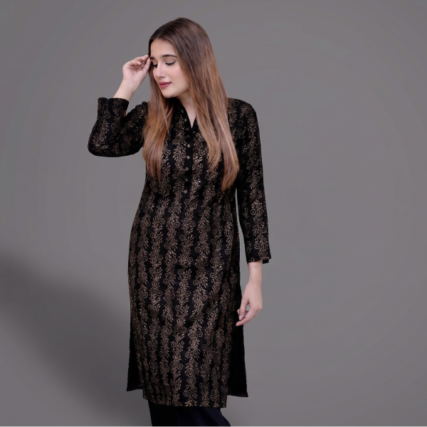 Black and Gold Foil Printed Kurta with Bordered Trousers Set