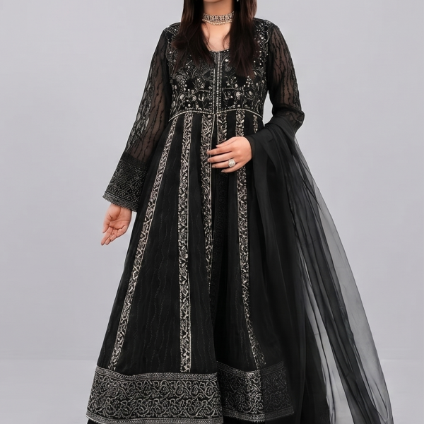 Black Minimalist Embroidered Net Co-ord Set