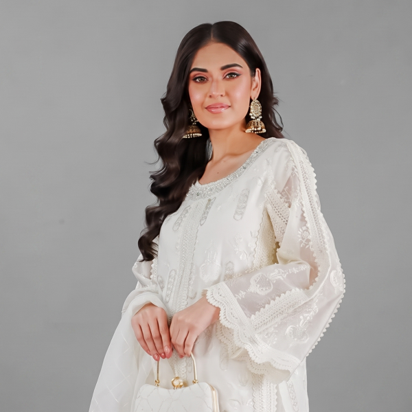 Ivory Embroidered Long Kurta with Trouser