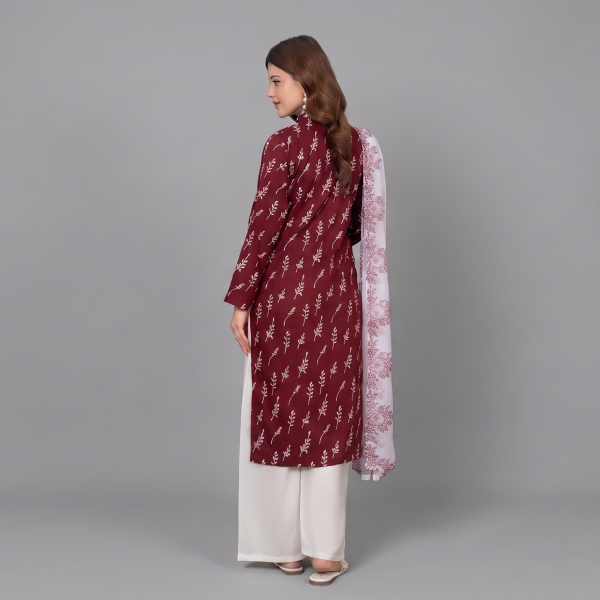 Deep Maroon Printed Kurta Set with Contrasting White Organza Dupatta