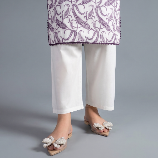 Women’s White and Purple Paisley Print Straight Kurti with Wide-Leg Pants