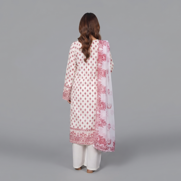 Women’s Off-White Printed Kurta with Pink Border Details and Organza Dupatta