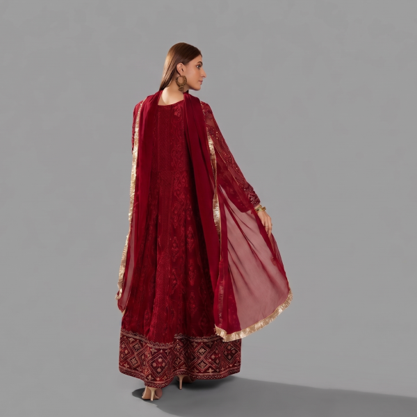 Manahil Embroidered  Maroon 3-Piece Festive Kalidaar Set