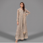 Manahil Embroidered Desert Taupe  3-Piece Festive Organza Sharara Set