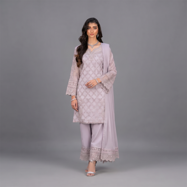 Lilac Embellished Net Kurta Suit with Dupatta