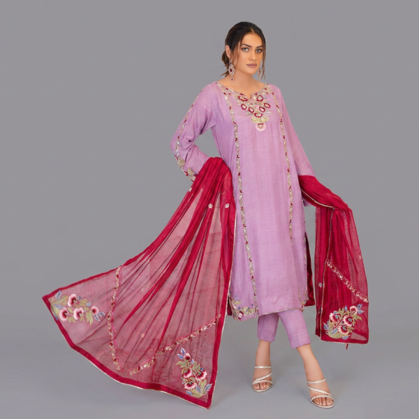 Embroidered Silk Suit with Contrast Organza Dupatta