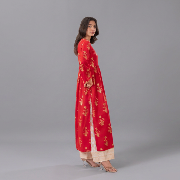 Vibrant Crimson Red Frock-Style Kurta with Gold Floral Motifs