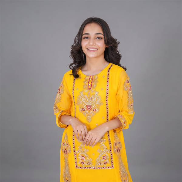 Sunshine Yellow & Crimson Red Embroidered  Suit