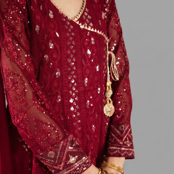 Manahil Embroidered  Maroon 3-Piece Festive Kalidaar Set