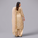 Ivory Gold Heavily Embroidered 3-Piece Organza Suit with Wide-Leg Pants