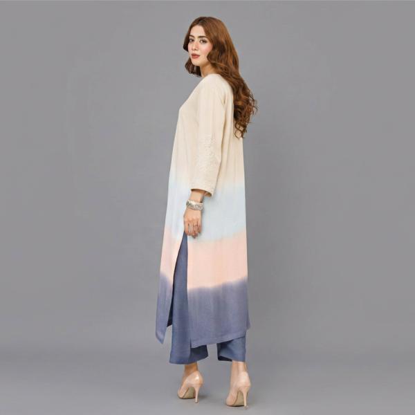 Ombré Horizon Silk Tunic with Ivory Chikankari-Style Embroidery