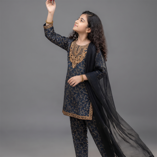 Navy Gold Embroidered Girls Suit