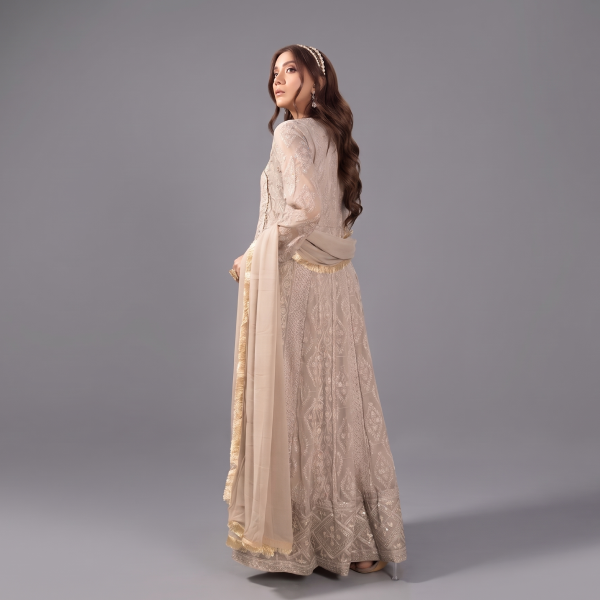 Manahil Embroidered Camel Brown 3-Piece Festive Kalidaar Set