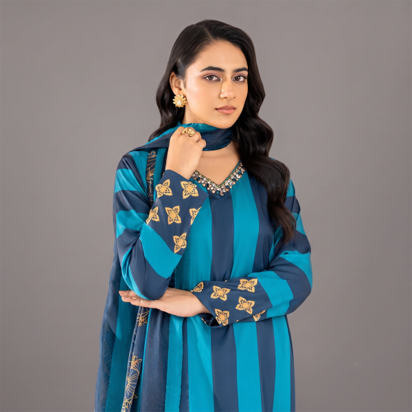 Blue Striped Long Kurti and Wide-Leg Pants Set