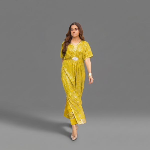 Manahil Embellished Mustard Yellow Kaftan Set